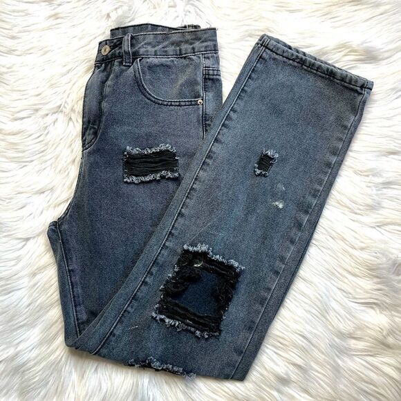 SHEIN Distressed Wide Leg High Rise Baggy Jeans Black Size XS - Picture 1 of 6